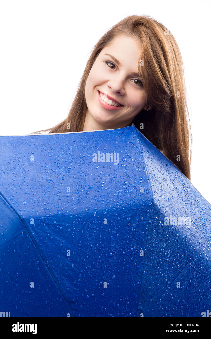 Happy girl holding umbrella hi-res stock photography and images - Alamy
