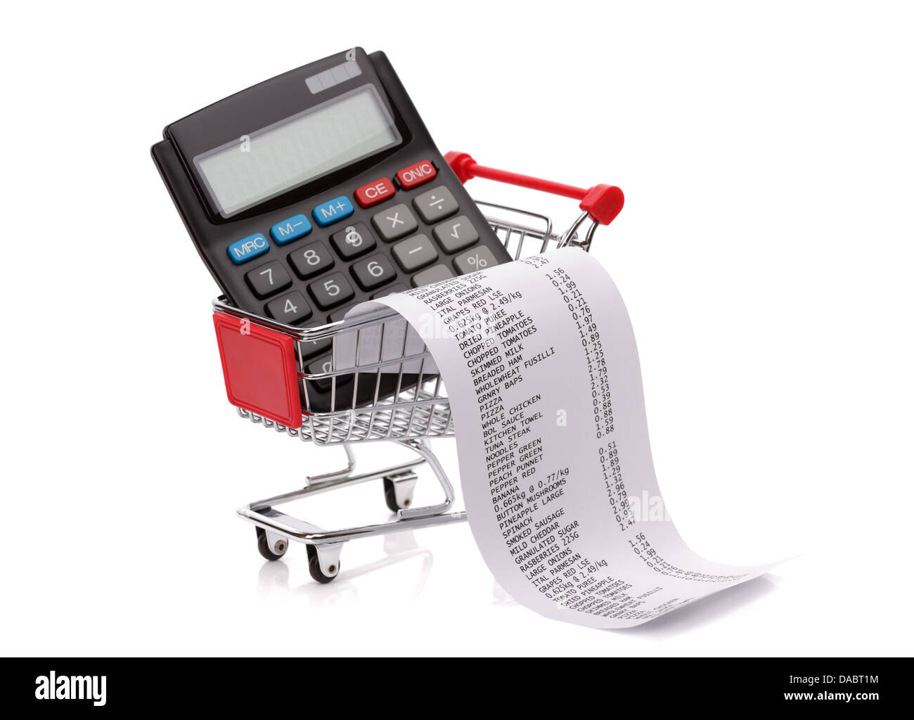 Shopping till receipt, calculator and cart Stock Photo