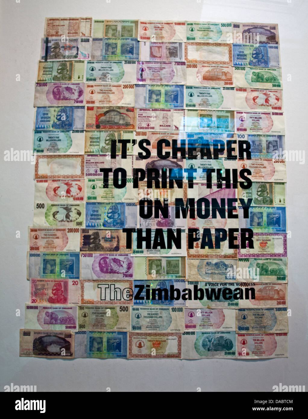 Satirical artwork at the British Museum highlighting the devaluation of the Zimbabwean dollar Stock Photo