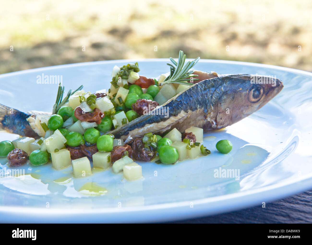 fine dining meal of stuffed mackerel Stock Photo Alamy