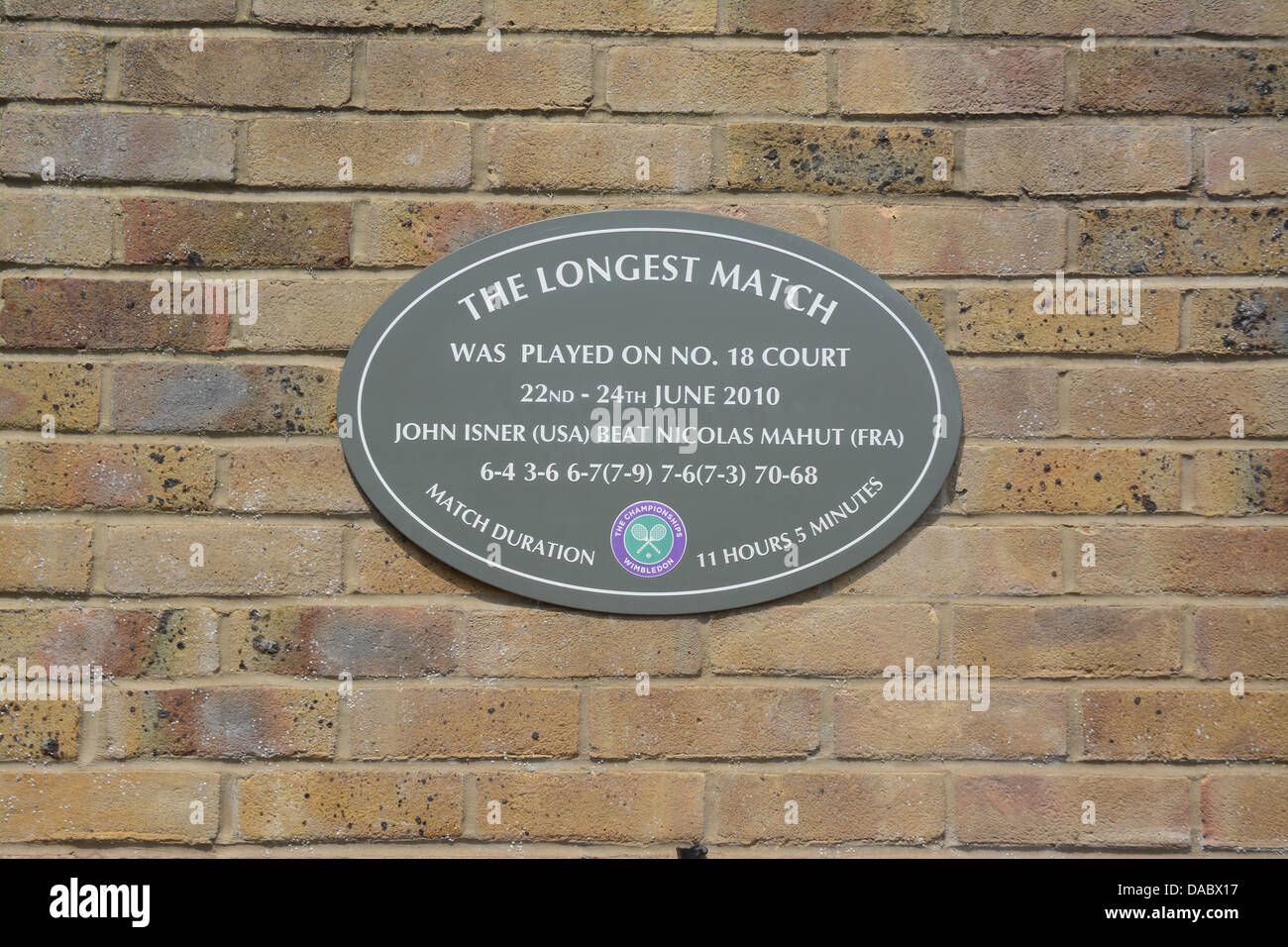 Plaque commemorating the longest tennis match ever at court 19 at The
