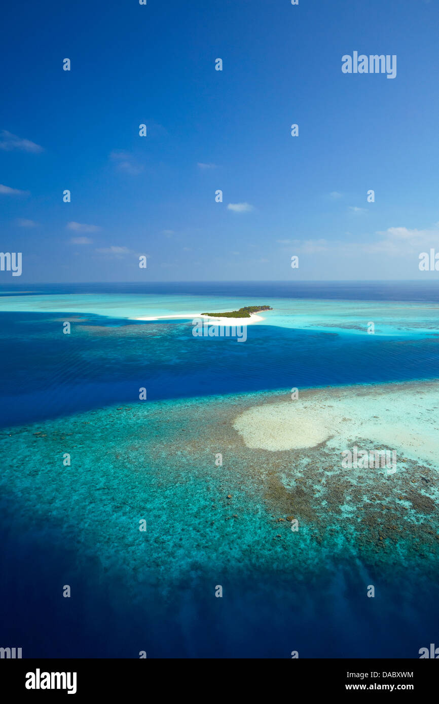 Aerial view of tropical island and lagoon, Maldives, Indian Ocean, Asia Stock Photo