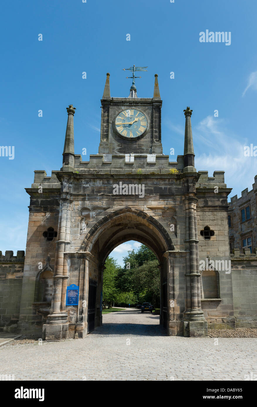 Clock tower and arched entranceway to the Bishop's Park  in Bishop Auckland Stock Photo