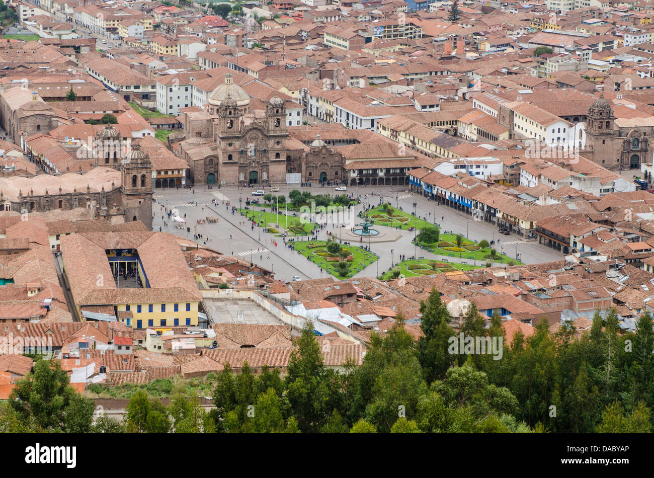 Cuzco cityscape with Plaza de Armas from hill above city, Cuzco, UNESCO World Heritage Site, Peru, South America Stock Photo