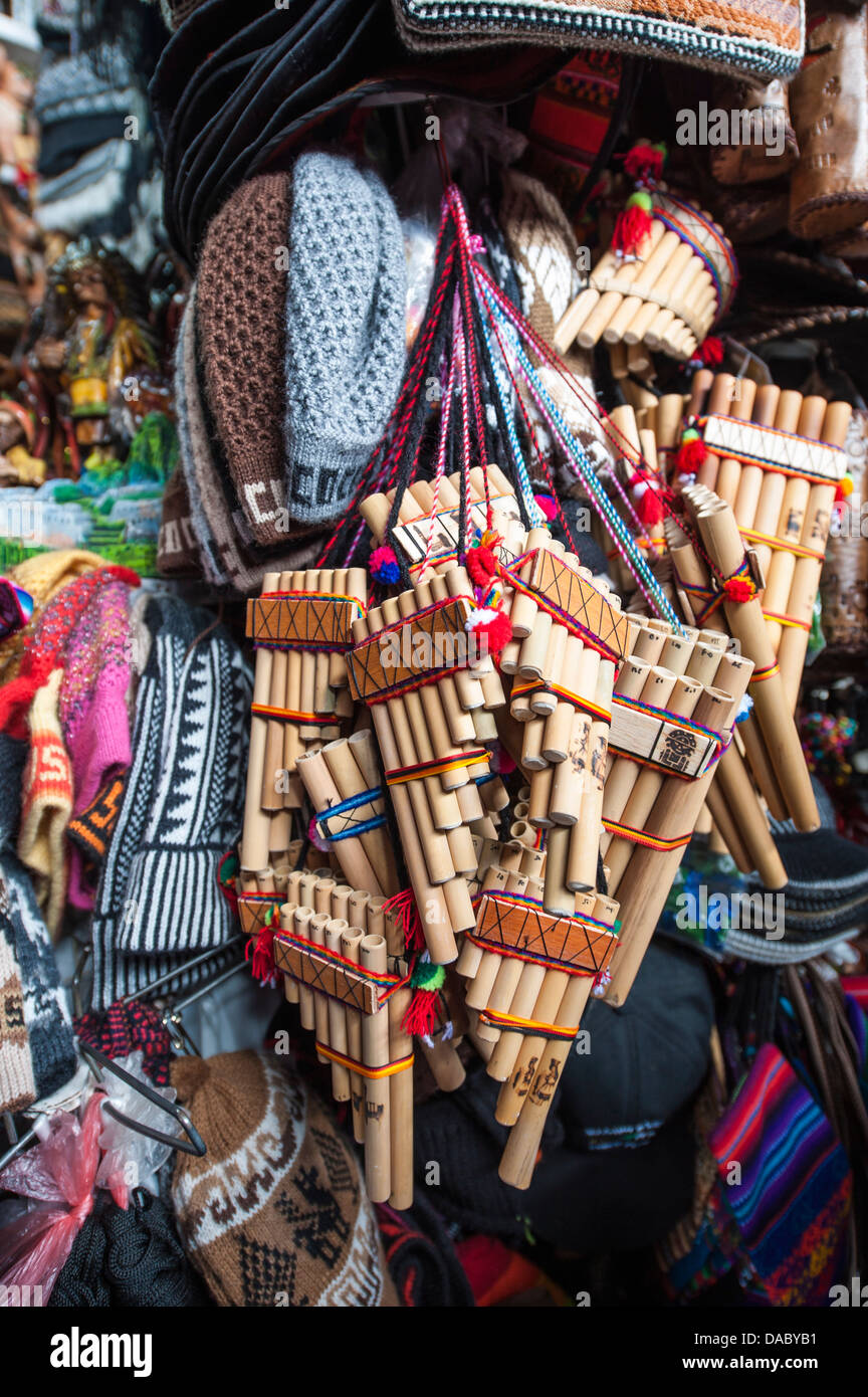 Andean flutes Local market Cusco, Peru, South America Stock Photo