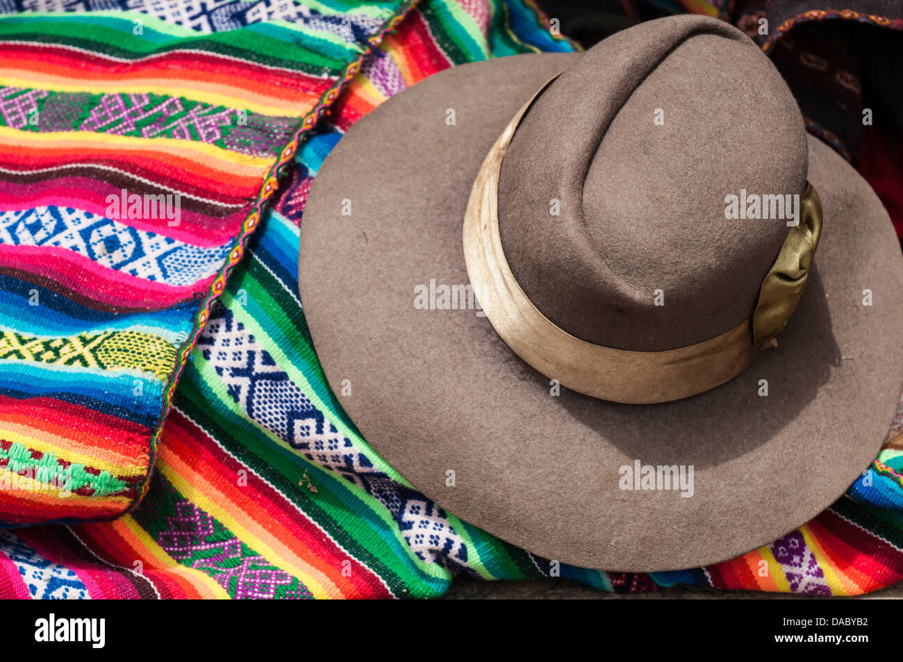 Inca woman's hat and blanket, Chinchero, Peru, South America Stock Photo