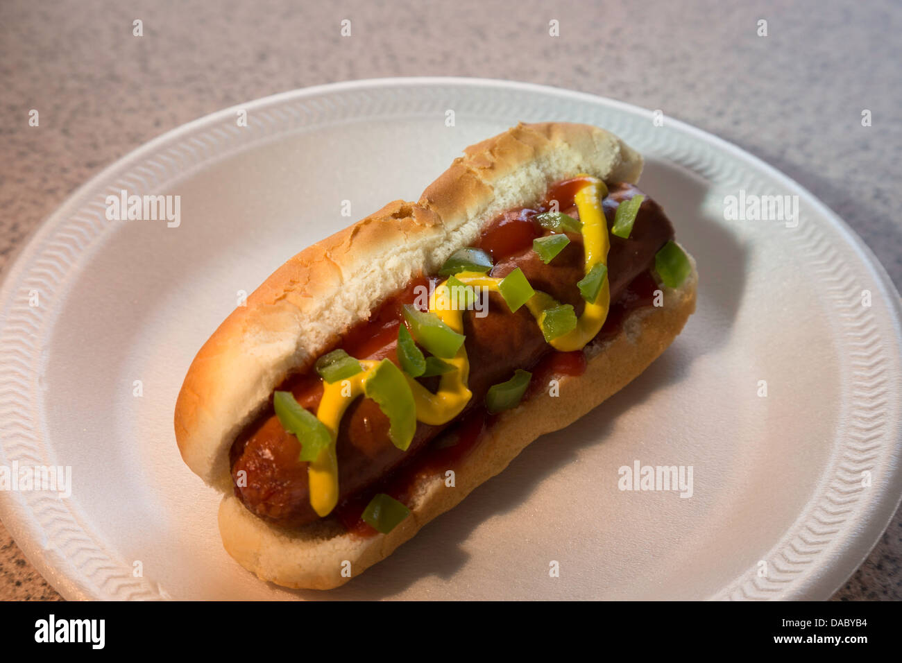 Close-up of Hot Dog in Bun Stock Photo
