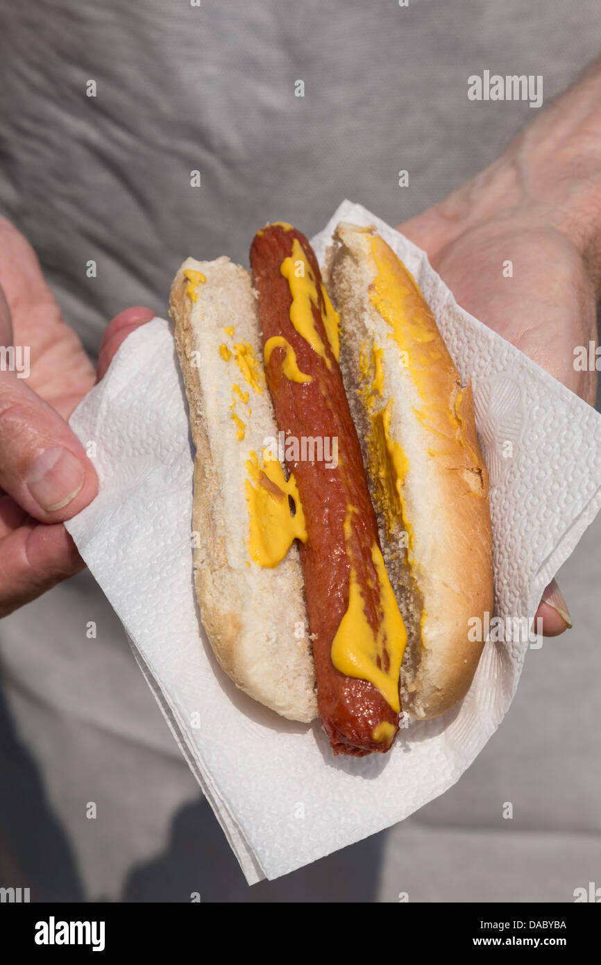 Close-up of Hot Dog in Bun and Vendor Stock Photo