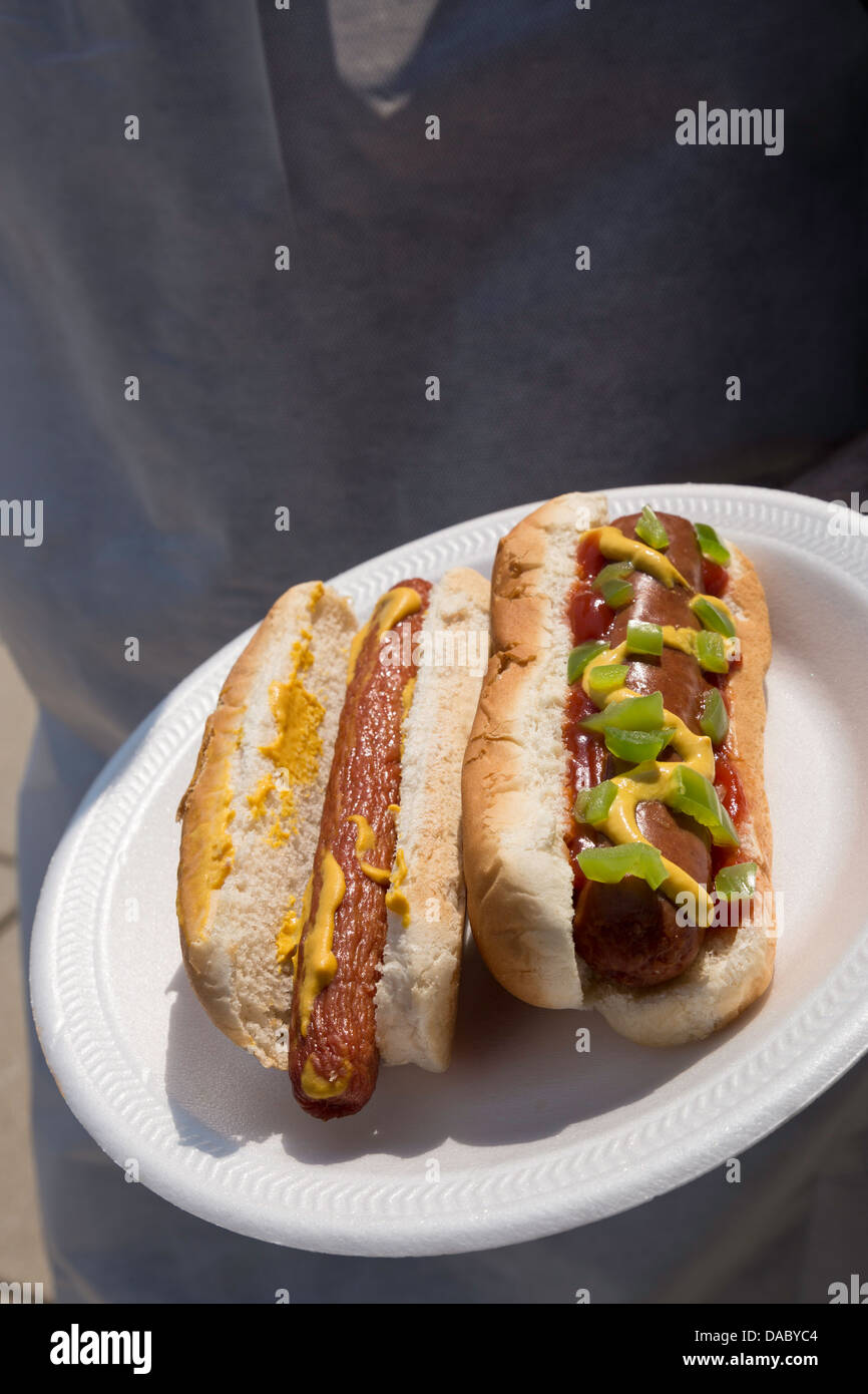 Close-up of Hot Dogs in Bun and Vendor Stock Photo
