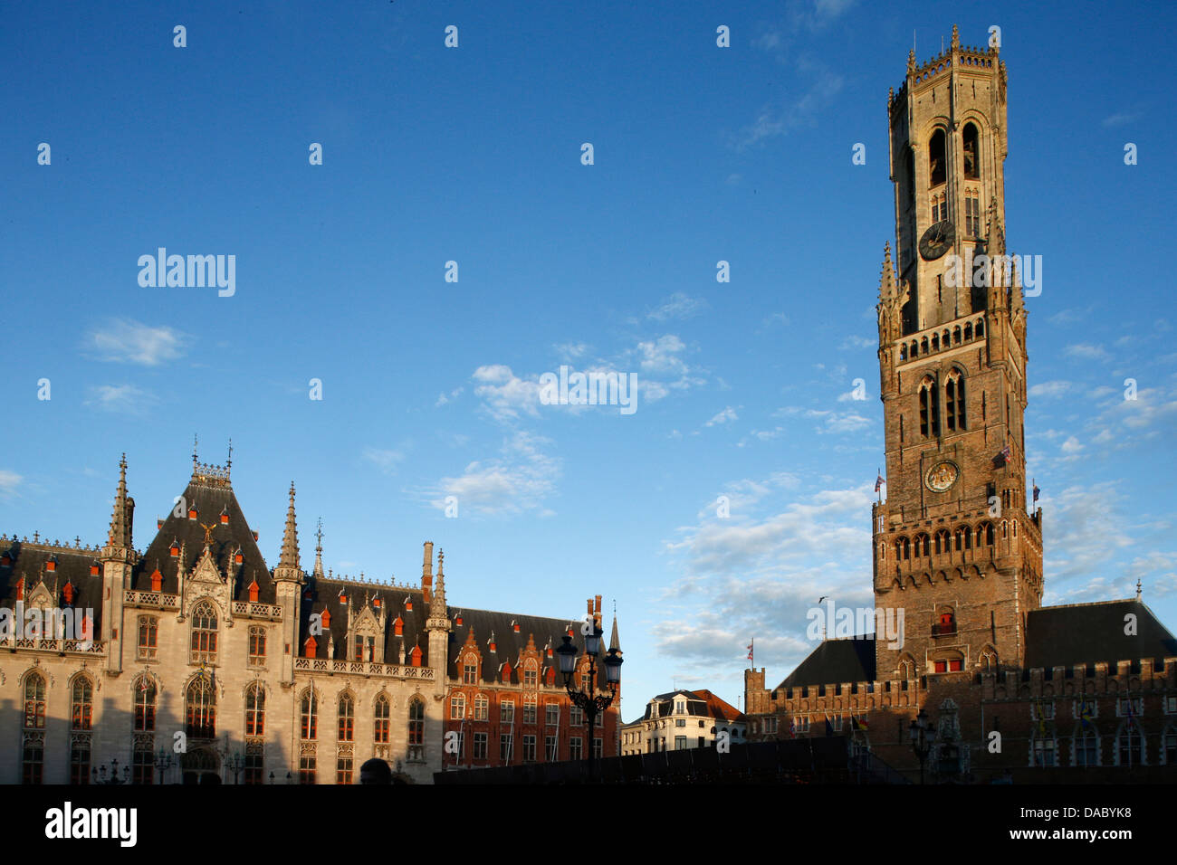 Belfry tower in market square, Bruges, West Flanders, Belgium, Europe Stock Photo