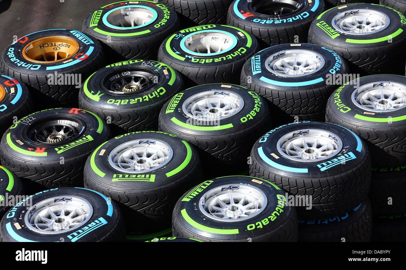 Single Racing Tire Racing tires for Formula One cars seen at the Nuerburgring circuit in ...