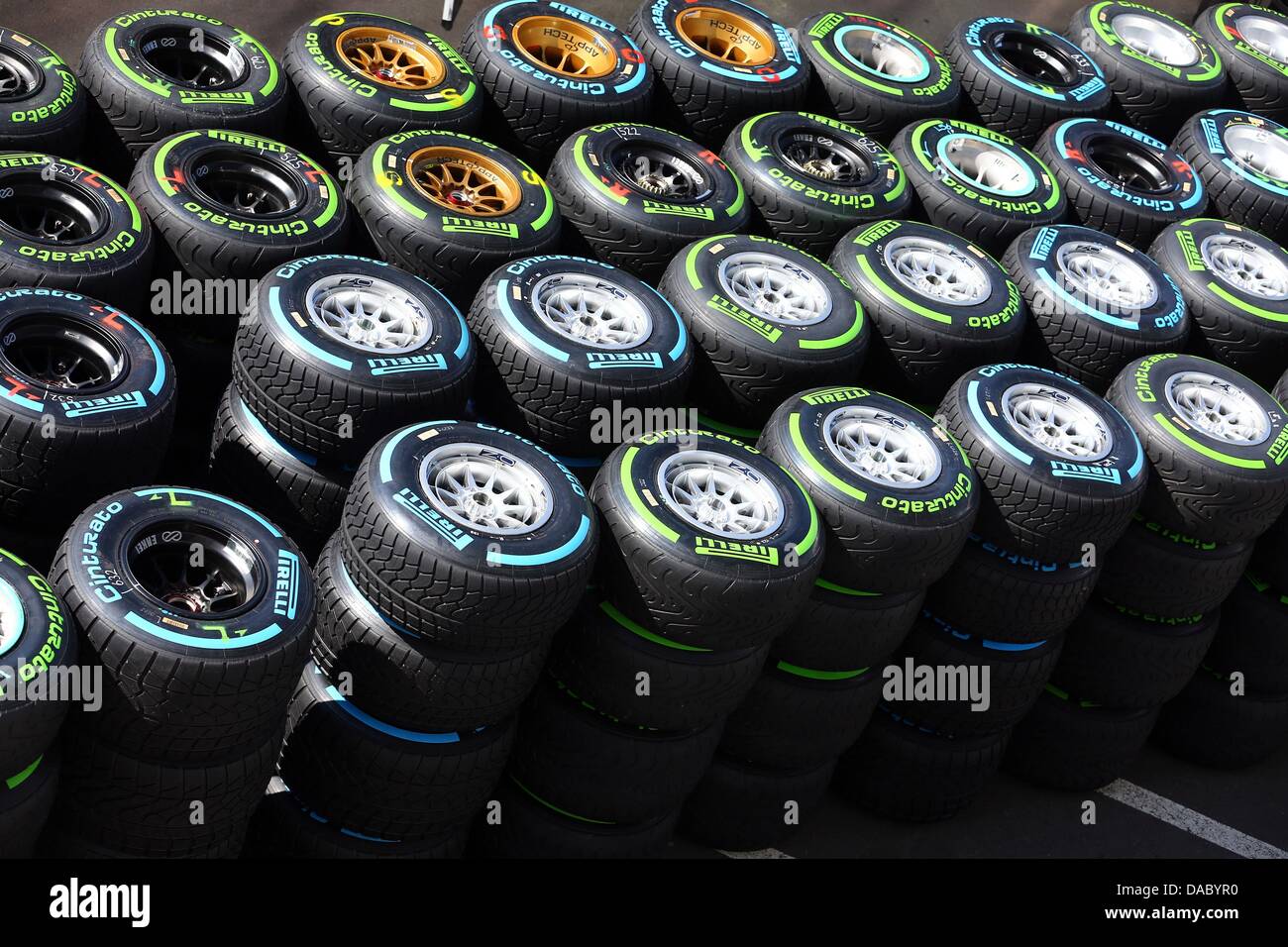 Single Racing Tire Racing tires for Formula One cars seen at the Nuerburgring circuit in ...