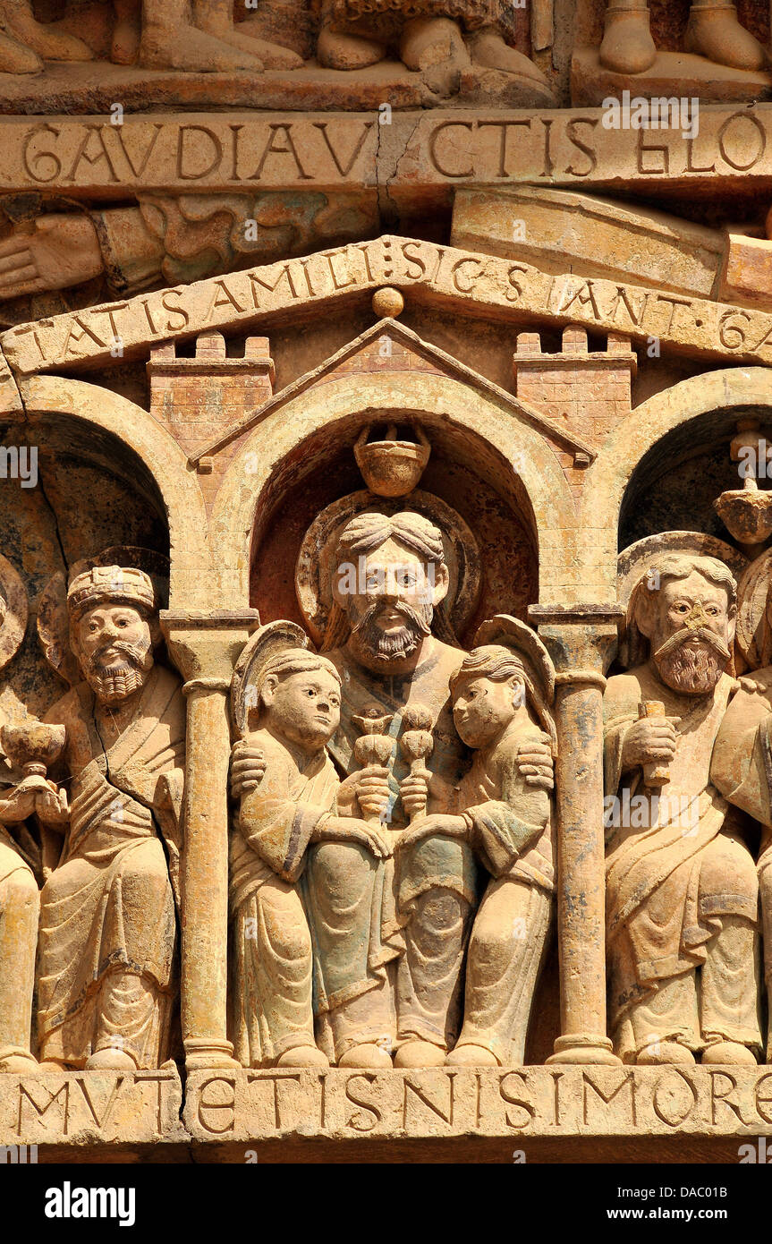Detail of the tympanum depicting the Last Judgment and Heaven, Sainte-Foy de Conques abbey church, Midi-Pyrenees, France Stock Photo