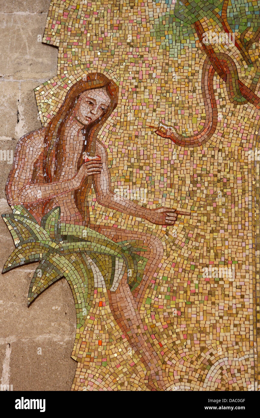 Mosaic of Eve and the serpent in Sacro Cuore di Gesu church, Gallipoli, Lecce, Apulia, Italy, Europe Stock Photo