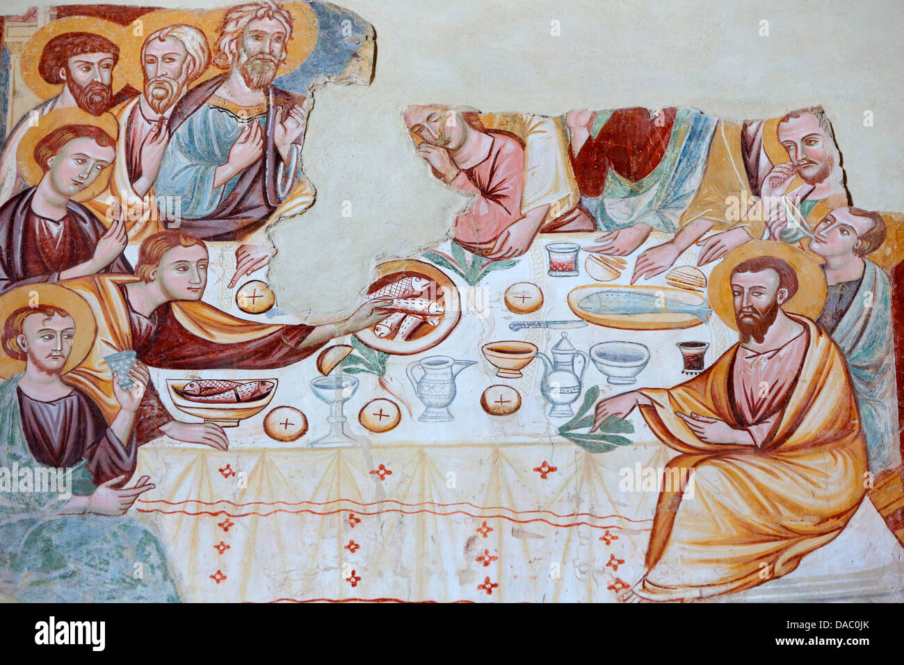 Fresco by Rinaldo da Taranto of the Last Supper in Santa Maria del Casale church , Brindisi, Apulia, Italy, Europe Stock Photo