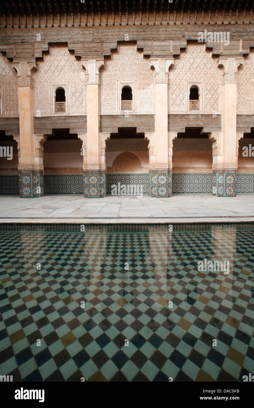 Columned arcades in the central courtyard of the Ben Youssef Medersa, UNESCO Site, Marrakech, Morocco Stock Photo
