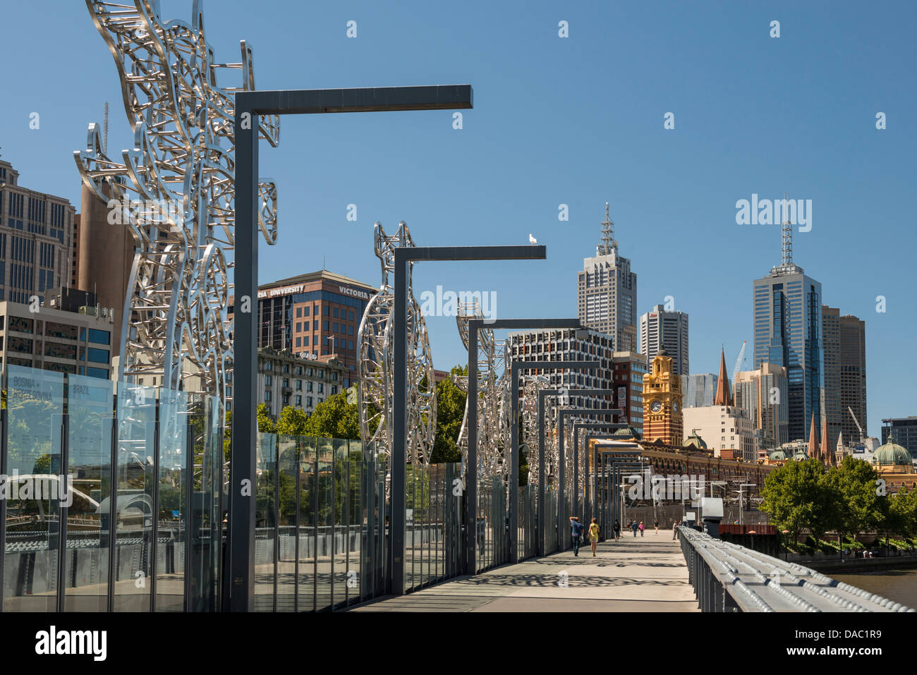 Sandridge Bridge, Sculptures and Melbourne Skyline, Australia Stock ...