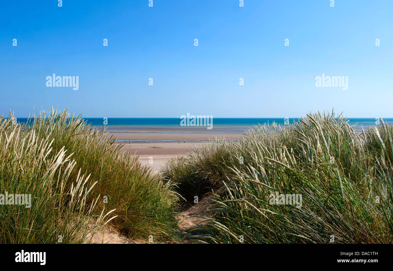 The view from the sand dunes looking down towards Camber Sands beach, East Sussex, UK Stock Photo