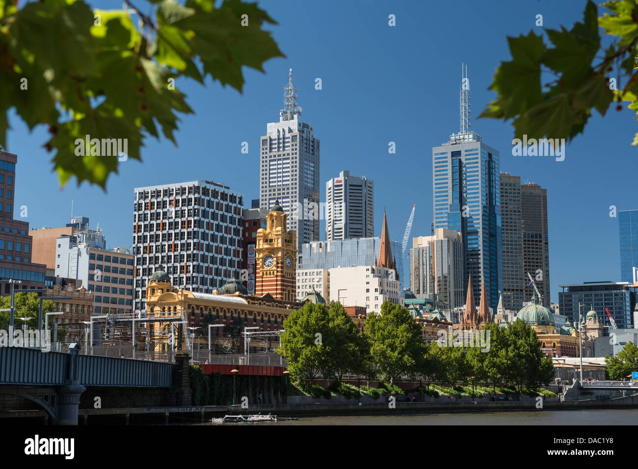 View of Melbourne Skyline across the Yarra River from Southbank Promenade, Australia Stock Photo