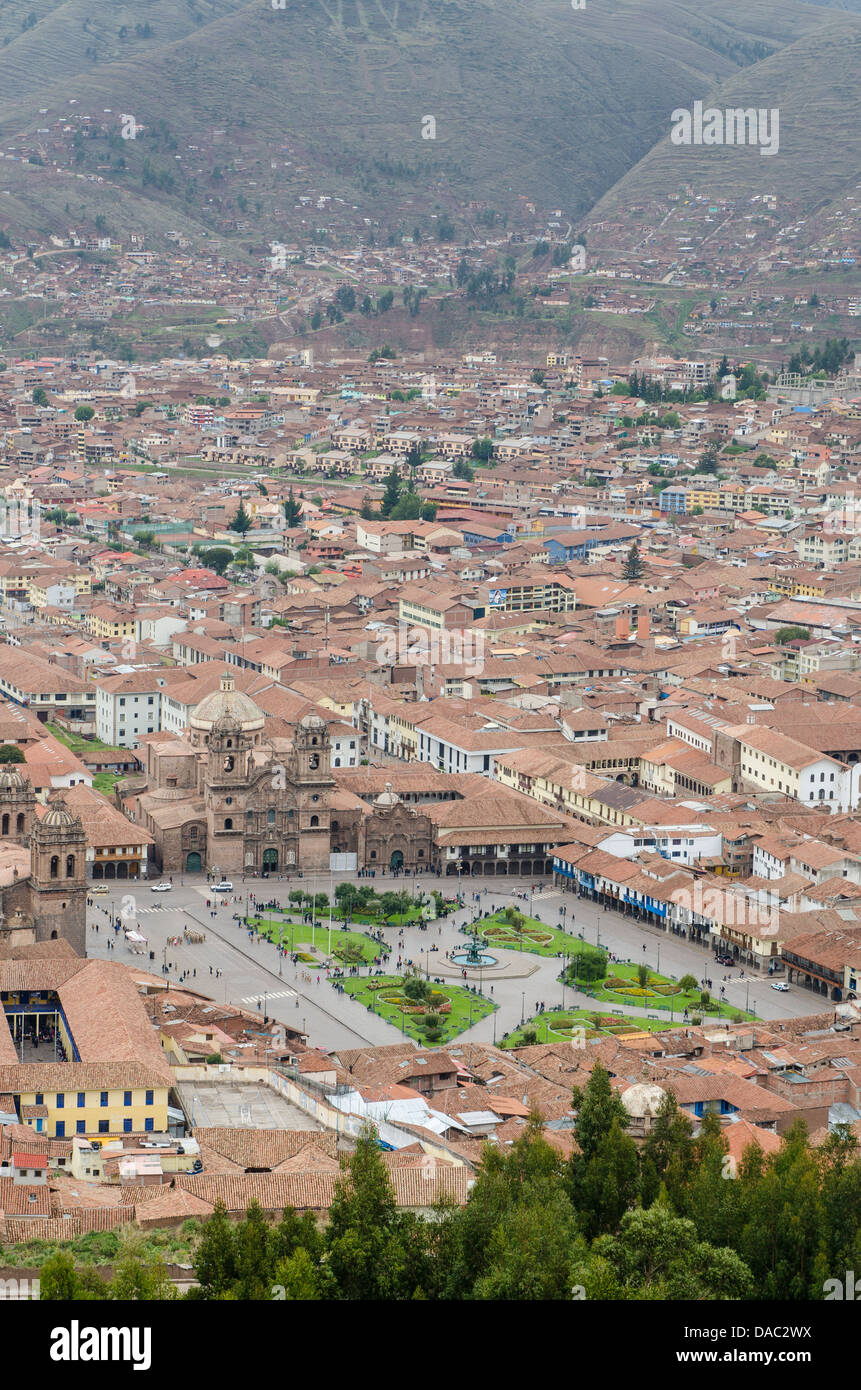 Aerial view of Cusco cityscape skyline with Plaza de Armas from hill above city, Cusco, Peru. Stock Photo