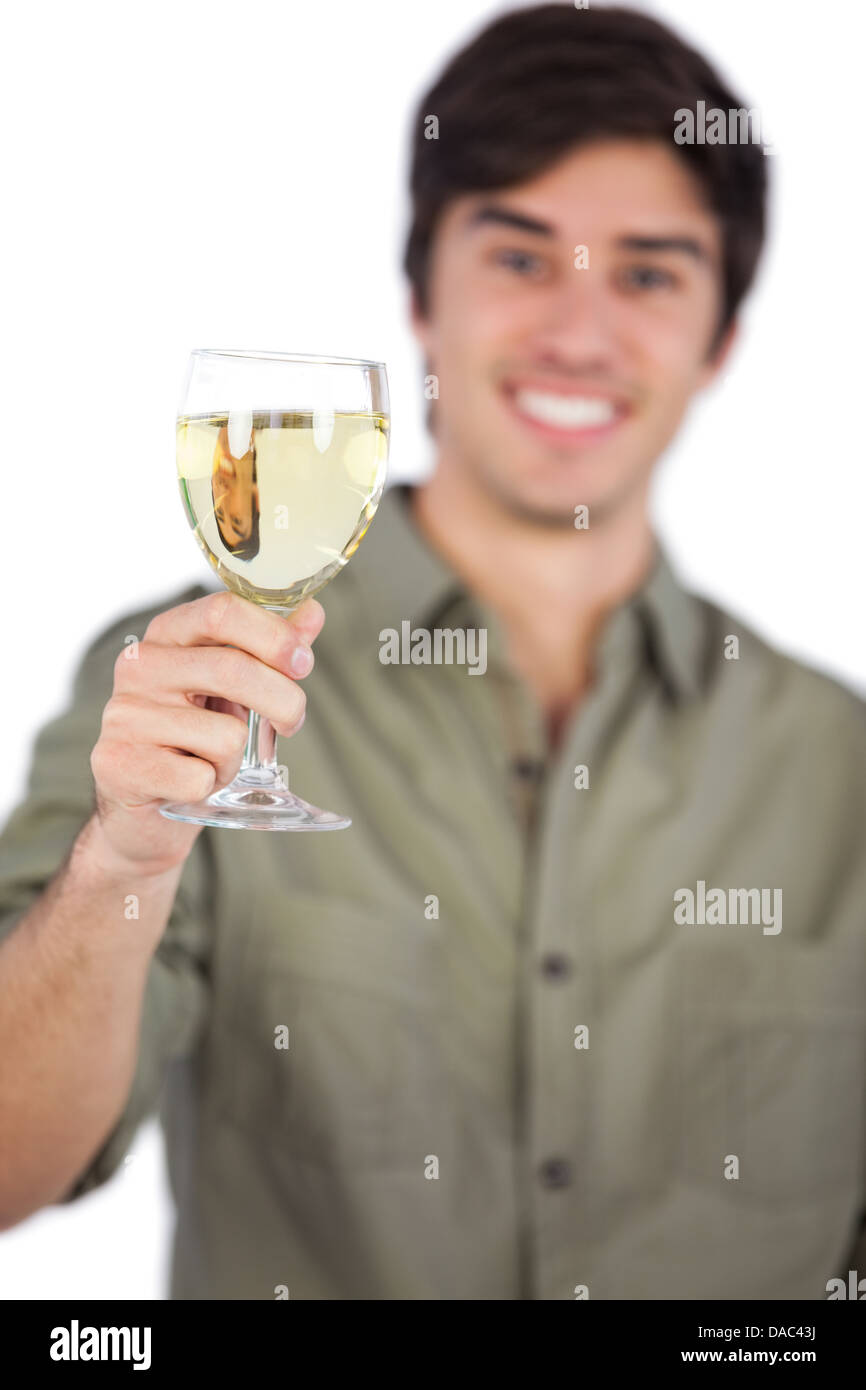 Man holding white wine glass Stock Photo Alamy