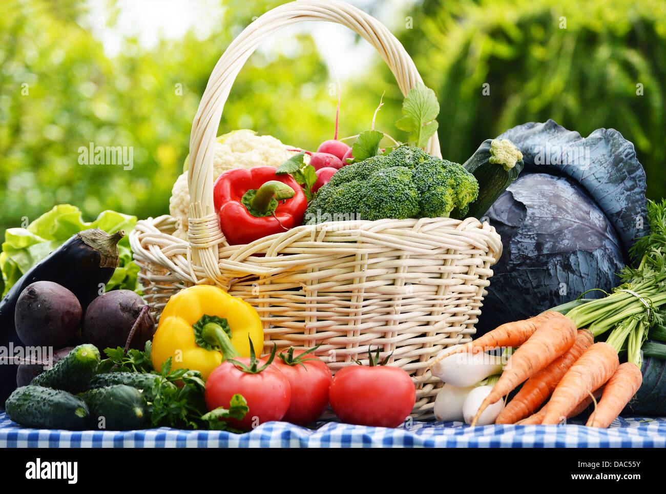 Assorted vegetables in wicker basket in the garden Stock Photo - Alamy