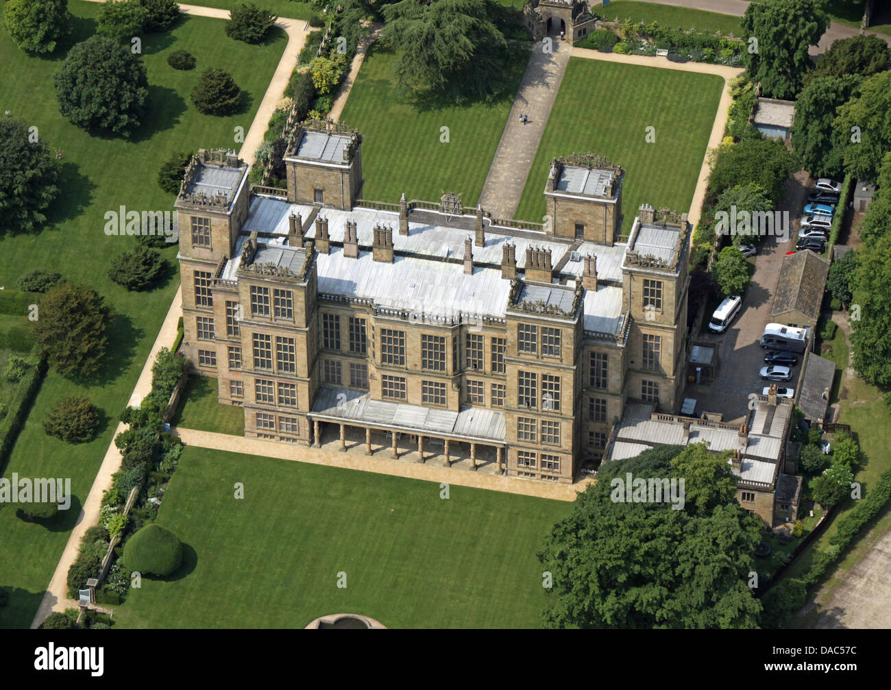 aerial view of Hardwick Hall, the Elizabethan masterpiece mansion built