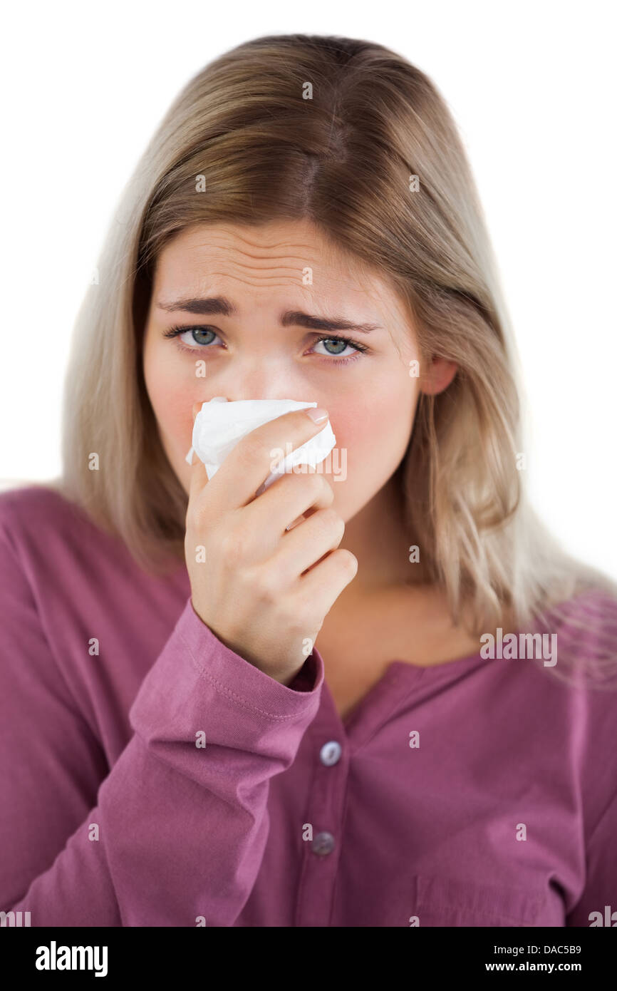 Woman using handkerchief Stock Photo Alamy