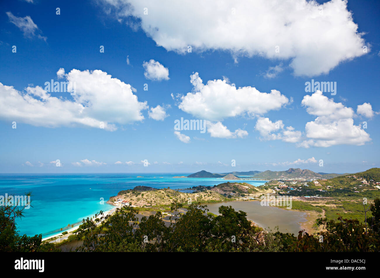 Caribbean landscape in Antigua seen from a hill with Darkwood Beach to the left. Stock Photo