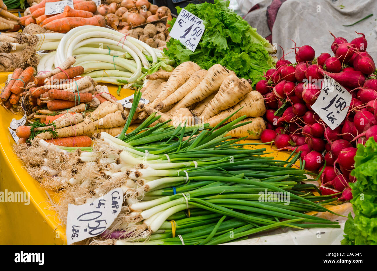 Vegetable stand at a marketplace in Brasov, Romania. Stock Photo