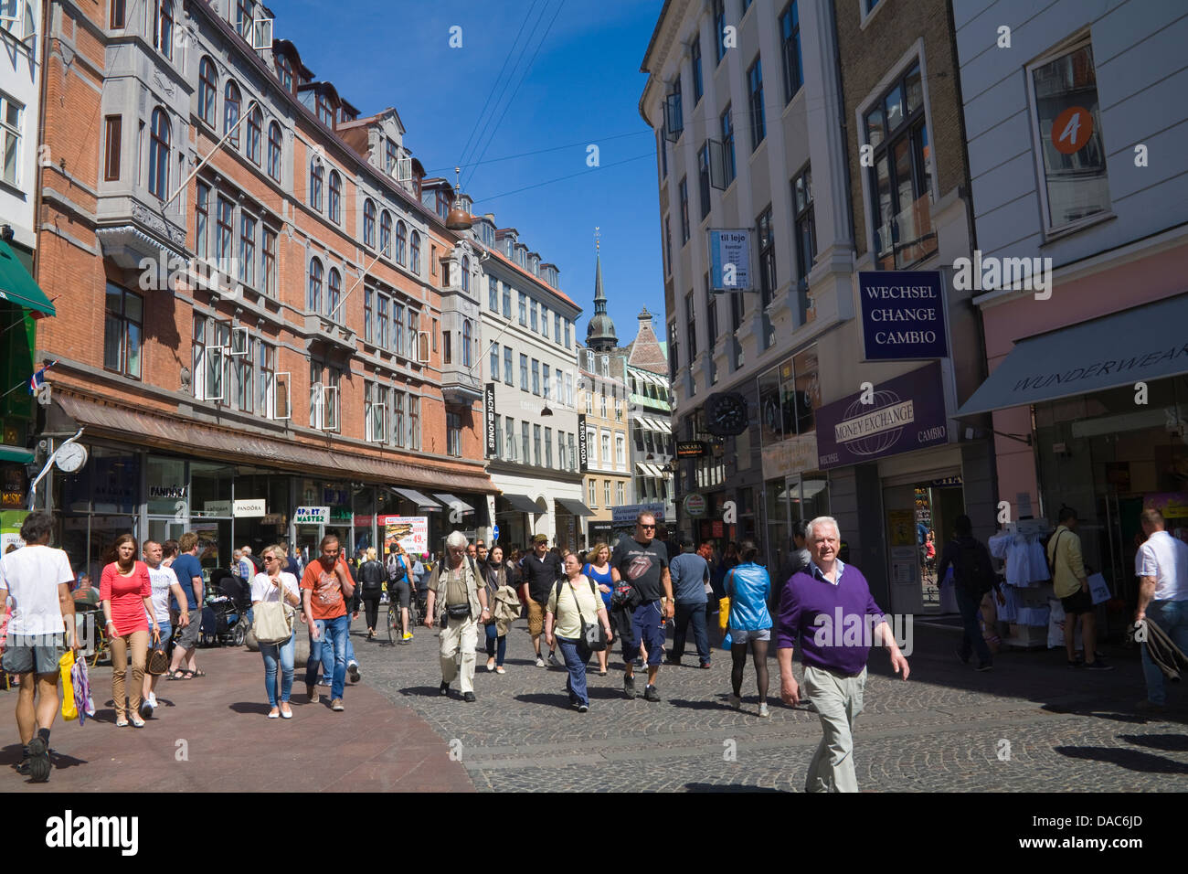 Copenhagen Denmark EU Stroget pedestrian area busy with shoppers Stock Photo