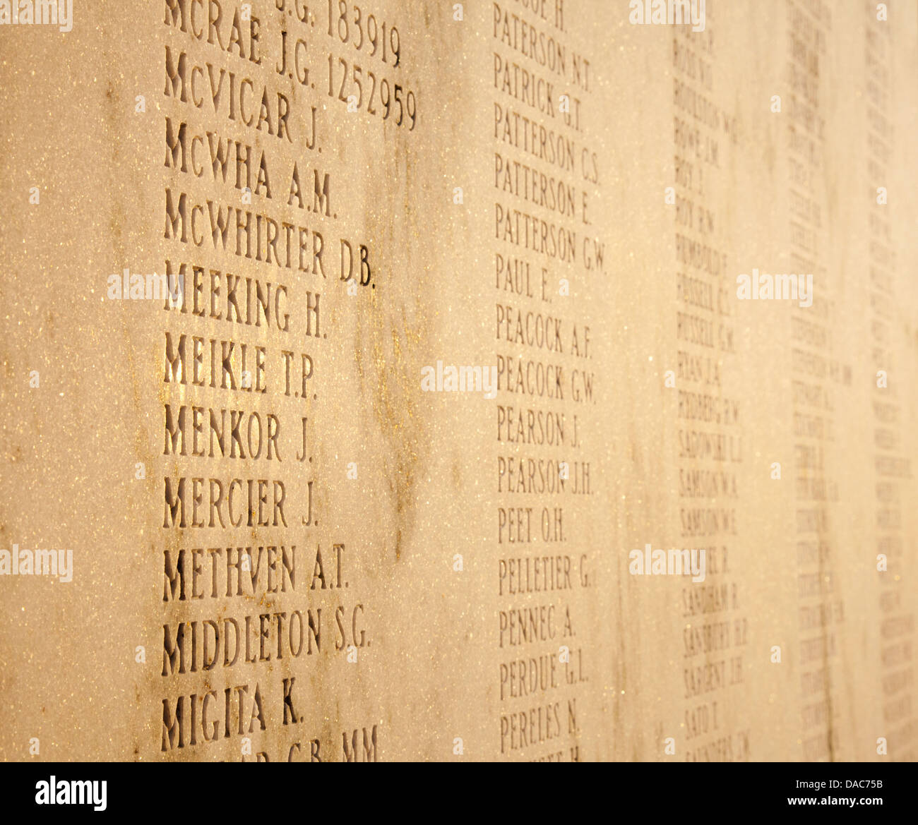 List of fallen soldier's names engraved in marble on the Calgary Soldiers' Memorial Stock Photo