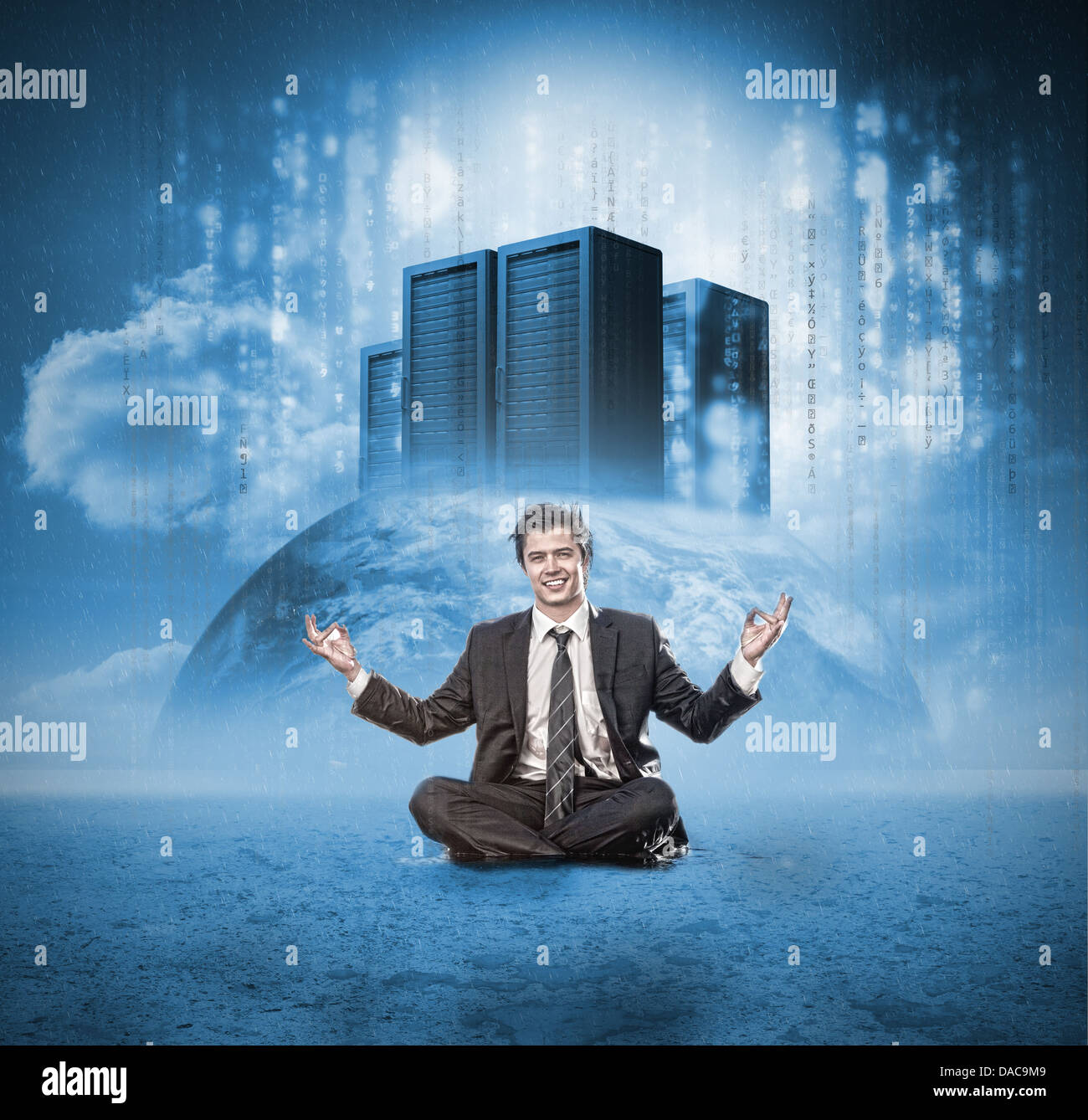 Happy businessman meditating Stock Photo - Alamy