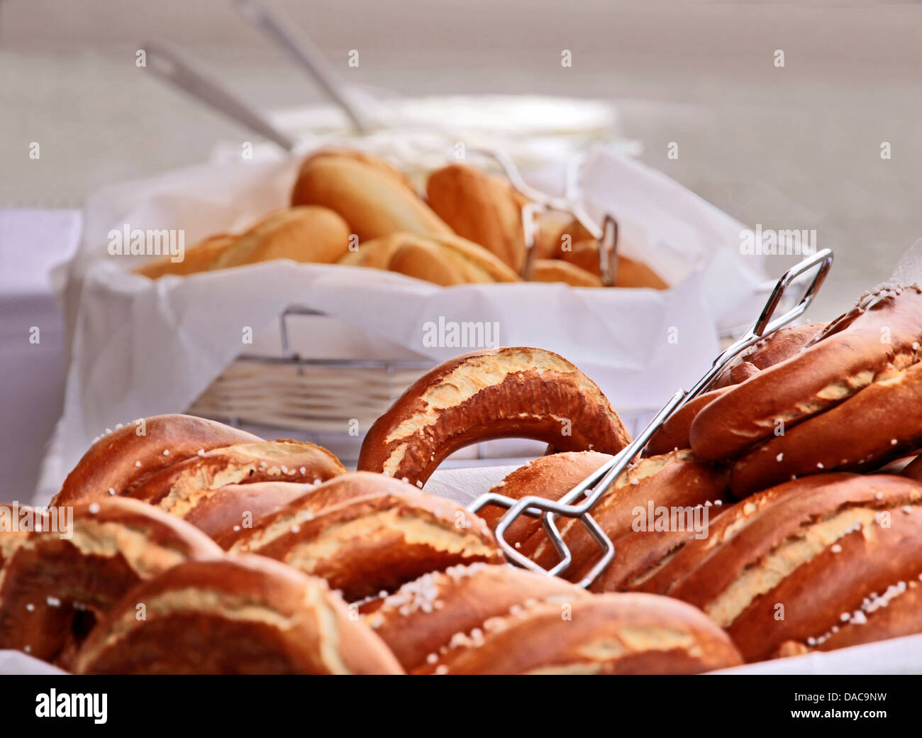 Close up of a tray with many pretzels Stock Photo