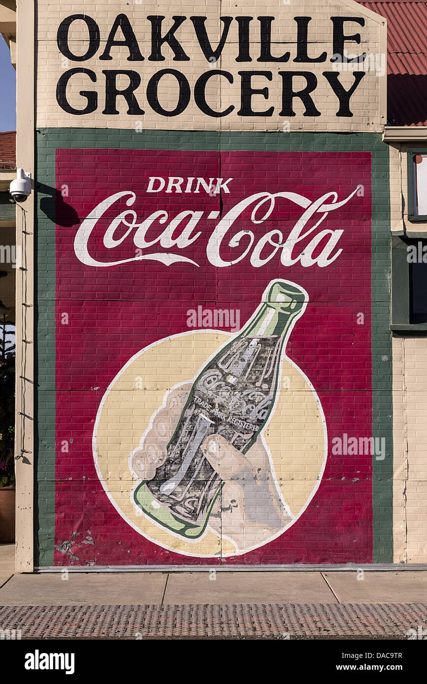 The Oakville, California sign is a nostalgic landmark, reflecting the town's historic charm. Featuring classic design elements, it serves as a reminder of Oakville's past, particularly related to vintage advertisements and local heritage. Stock Photo