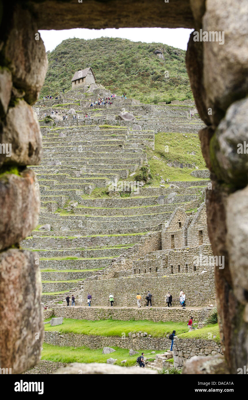 Machu Picchu unesco world heritage site ancient Inca stone remains ruins, Aguas Calientes, Peru. Stock Photo