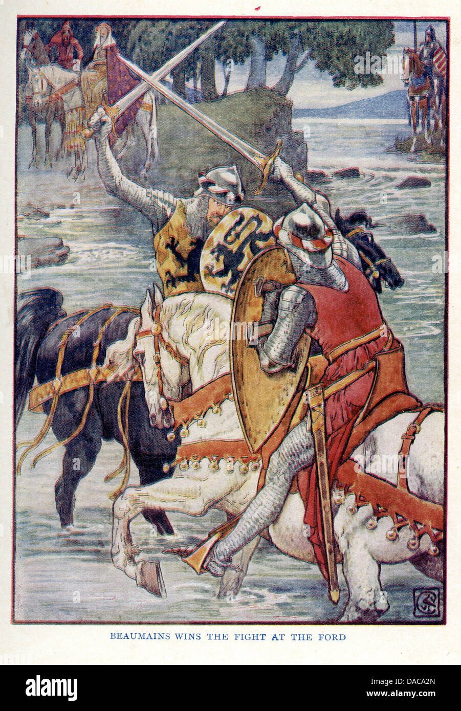 Beaumains wins the fight at the Ford, King Arthur's Knights, Walter Crane Stock Photo