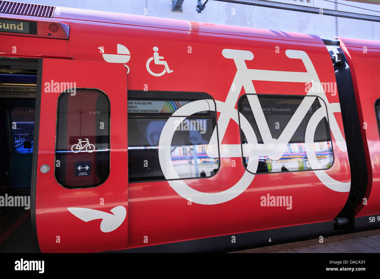 S Train with cycle, pushchair and wheelchair carriage in Vesterport city railway station, Copenhagen, Denmark Stock Photo