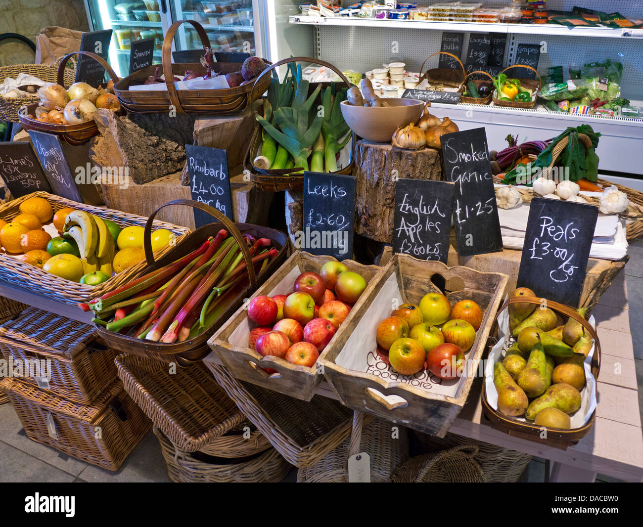 Traditional rural produce farm shop interior with fresh local fruit and vegetables on sale Gloucester Cotswolds UK Stock Photo