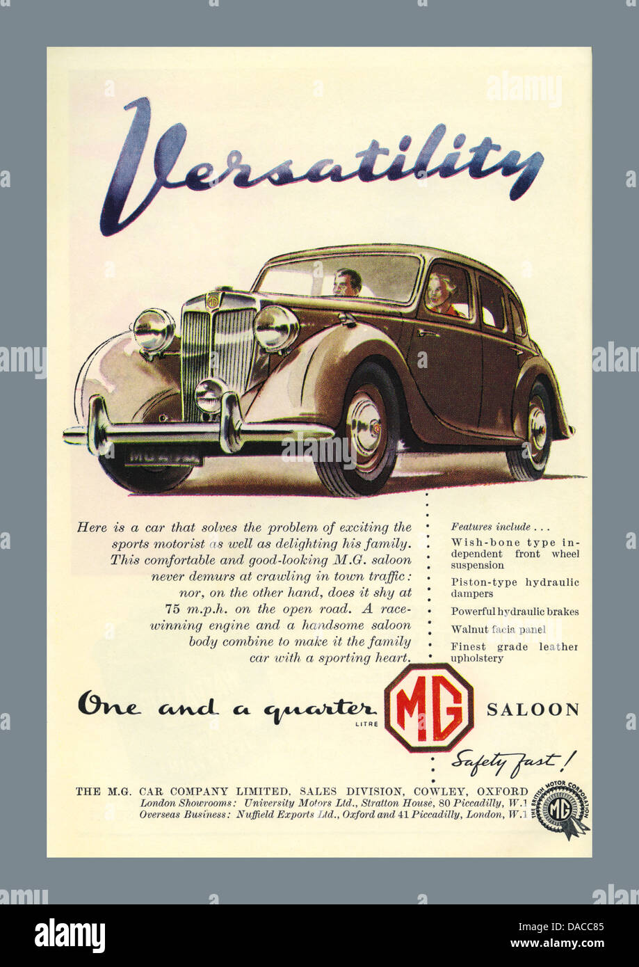 Magazine page illustration of British built post war 1947-1953 MG Y-Type 1.25-litre saloon motorcar Stock Photo