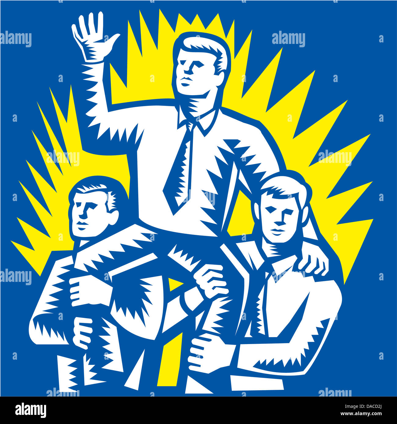 Illustration of a businessman being prop up on shoulders of fellow workers colleague facing