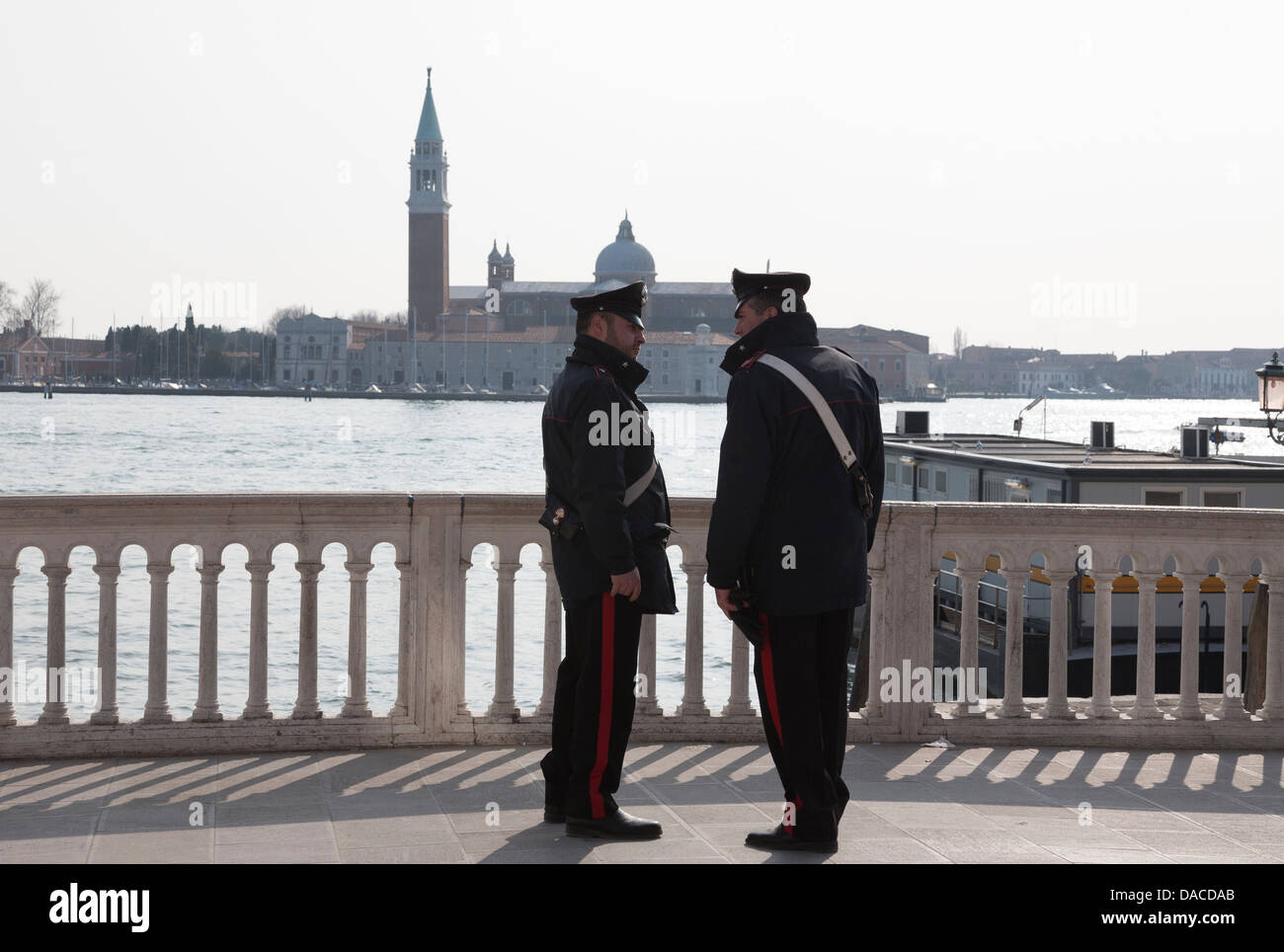 Carabinieri and San Giorgio Maggiore, Venice, Italy Stock Photo