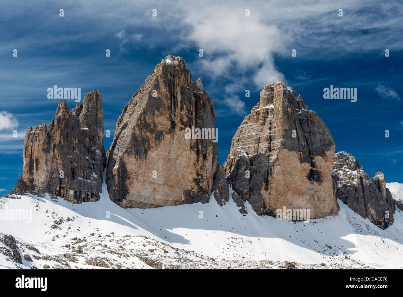 Winter view of Tre Cime di Lavaredo or Drei Zinnen, Dolomites, Veneto, Italy Stock Photo