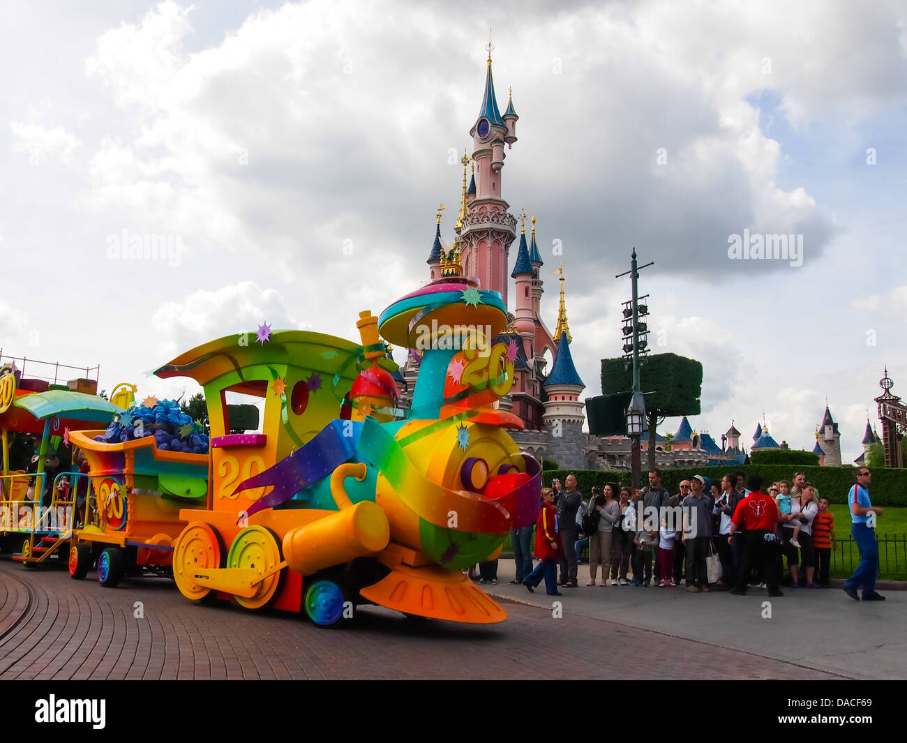 Disneyland Paris 20th anniversary celebration train in front of Sleeping Beauty's Castle Stock Photo