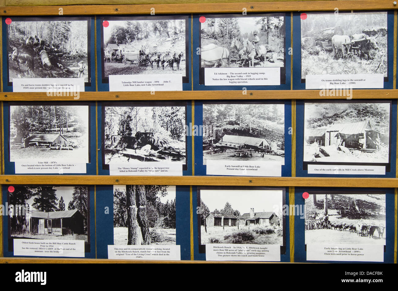 Old photographs at Big Bear Historical Museum, Big Bear Lake, California. Stock Photo