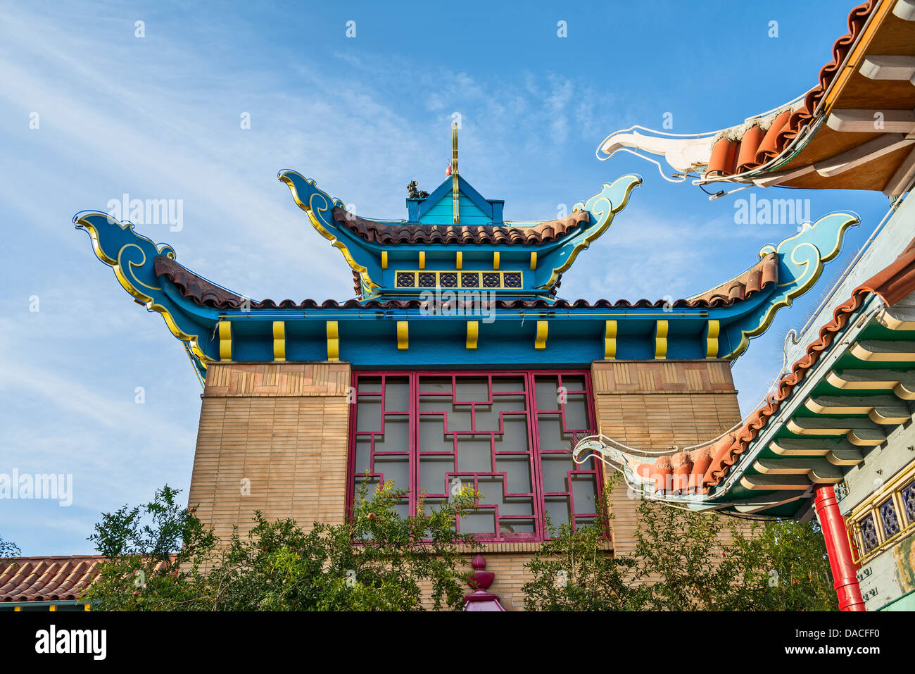 Asian themed buildings in Los Angeles Chinatown. Stock Photo