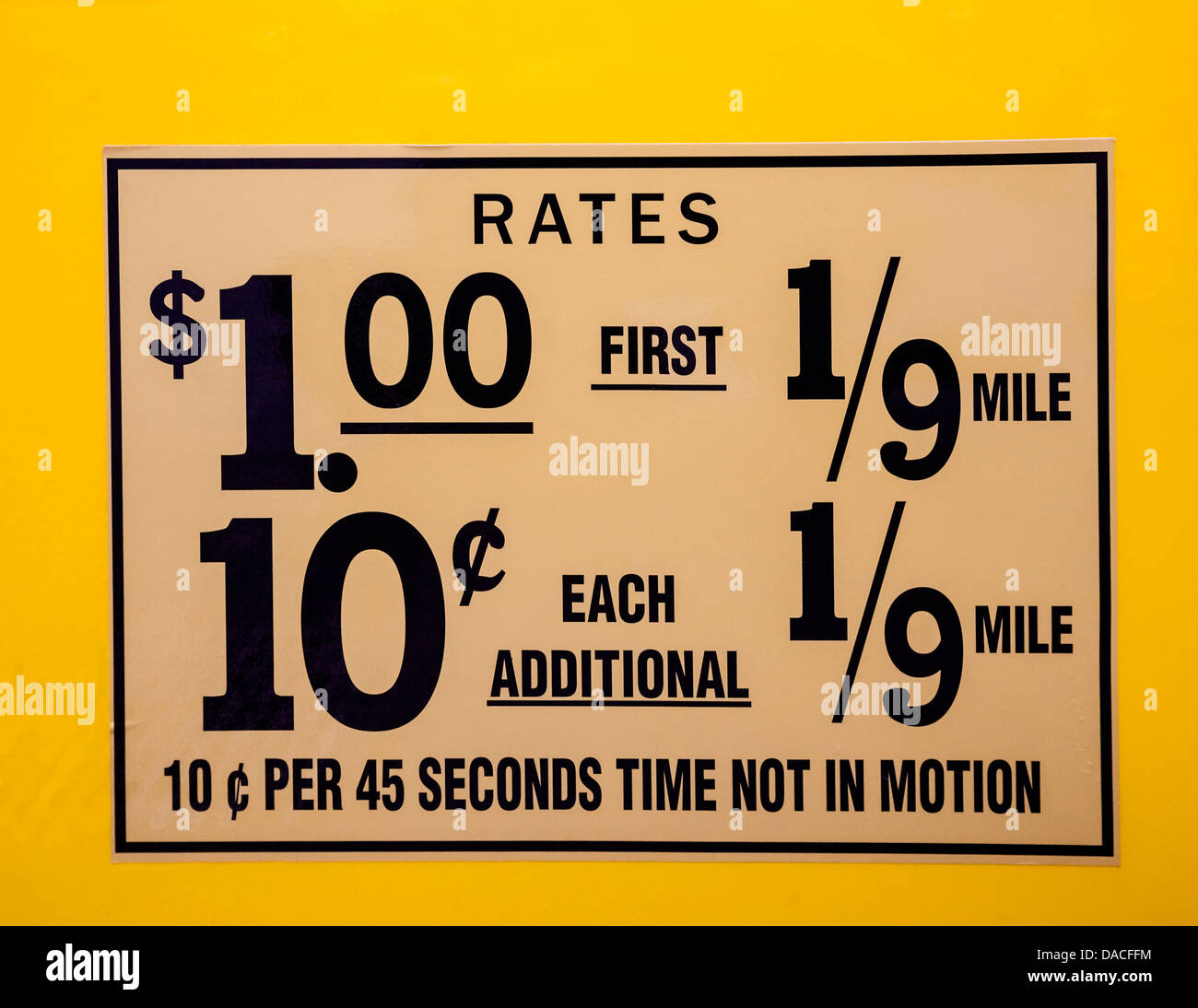 NYC taxi mileage rates displayed on a vintage yellow taxi door, New York City, USA. Stock Photo