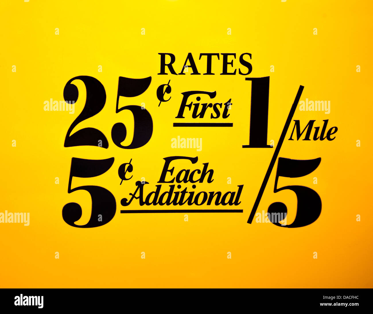 NYC taxi mileage rates displayed on a vintage yellow taxi door, New York City, USA. Stock Photo