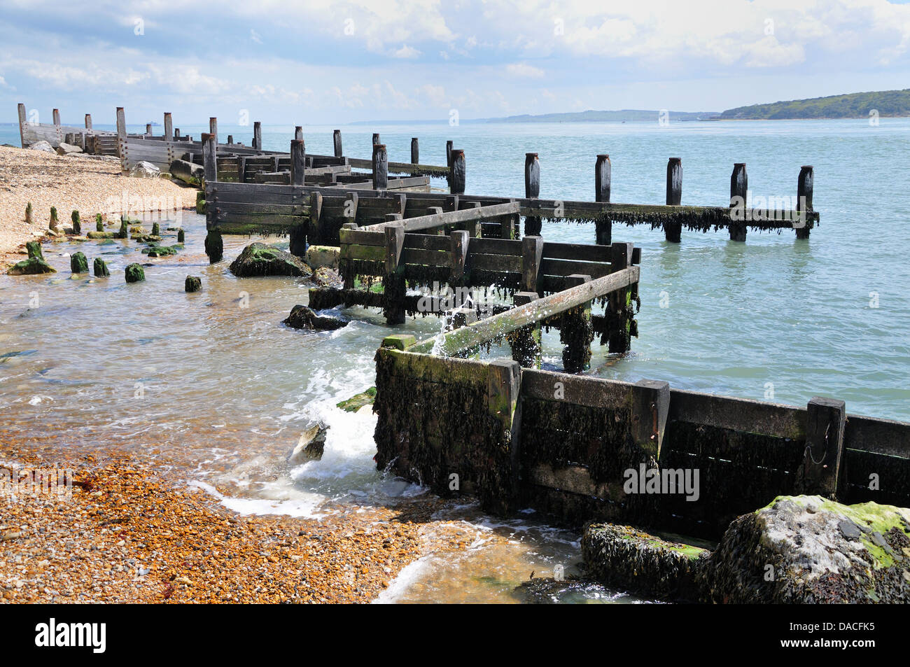 Wooden pilings on the Solent, Milford on Sea, England Stock Photo