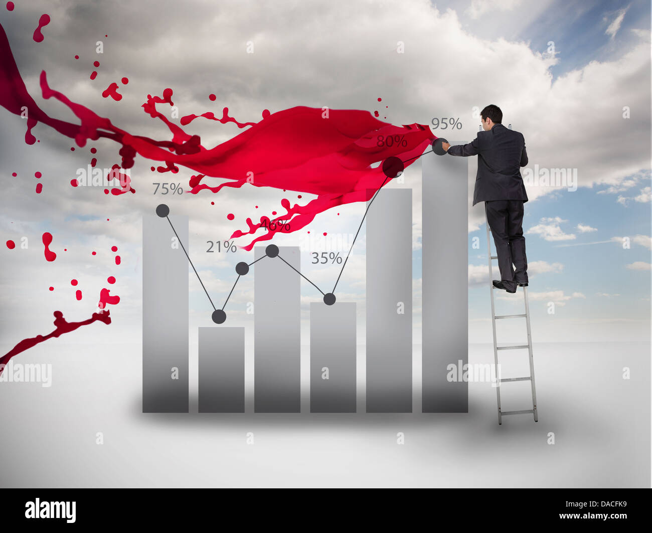 Businessman drawing a chart next to red paint splash Stock Photo